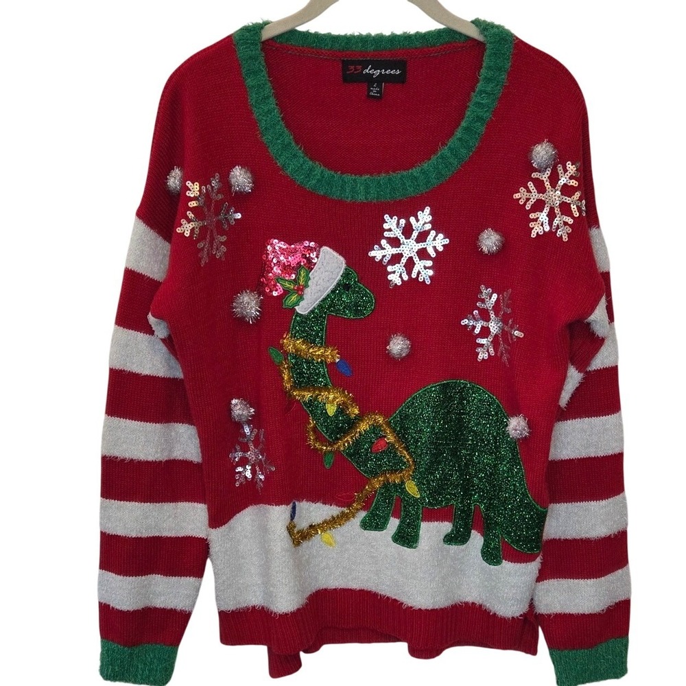 33 Degrees Ugly Christmas Sweater Red Dinosaur Sequin Snowflake Large L